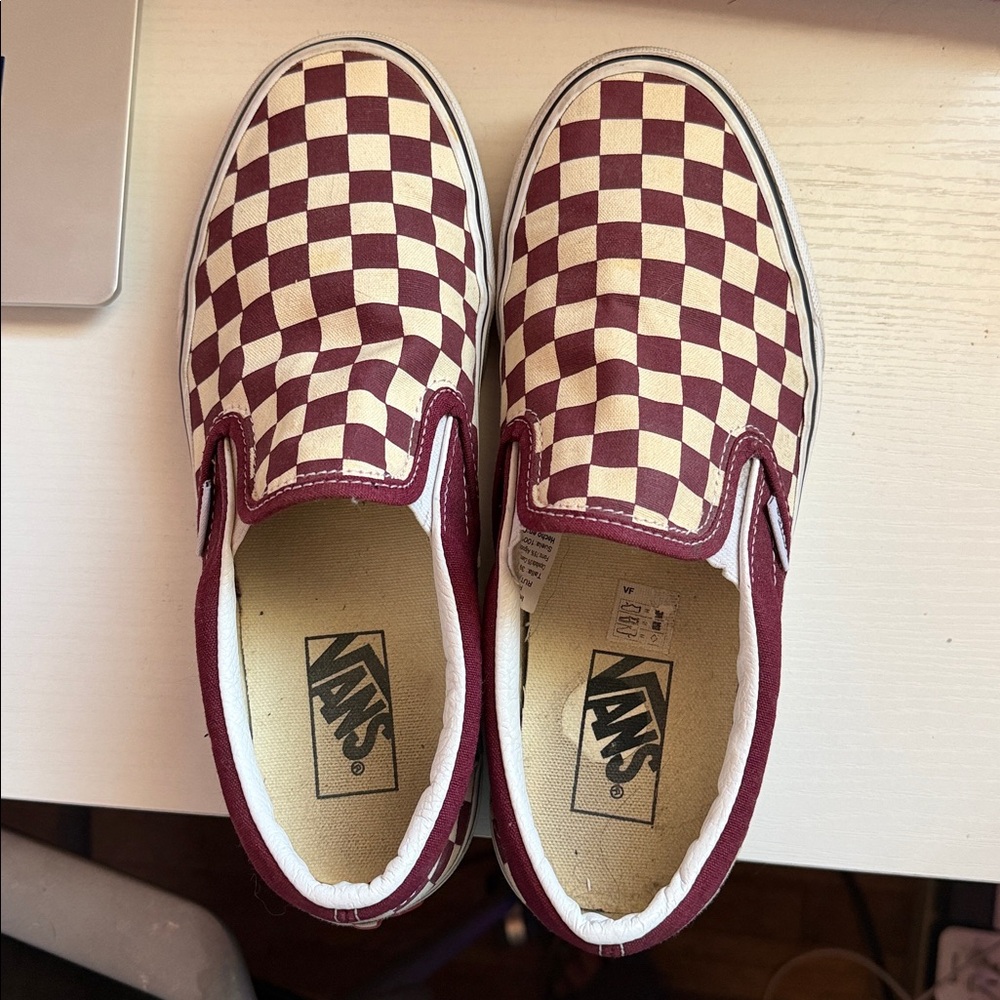 Burgundy and Cream Checkered Slip-on Vans